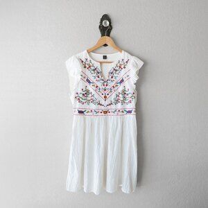 Shein White Embroidered Boho Dress | Size L | 100% Cotton | Flutter Sleeves
